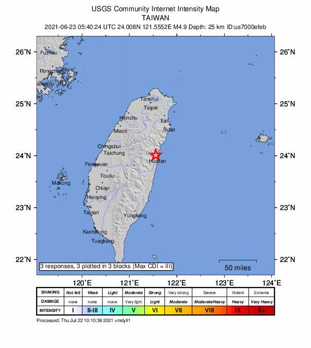 USGS DYFI community-reported intensity map for the M4.9 earthquake near 6 km NW of Hualien City, Taiwan