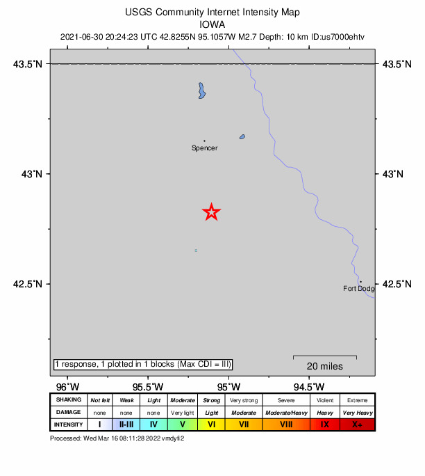 USGS DYFI community-reported intensity map for the M2.7 earthquake near 4 km E of Rembrandt, Iowa