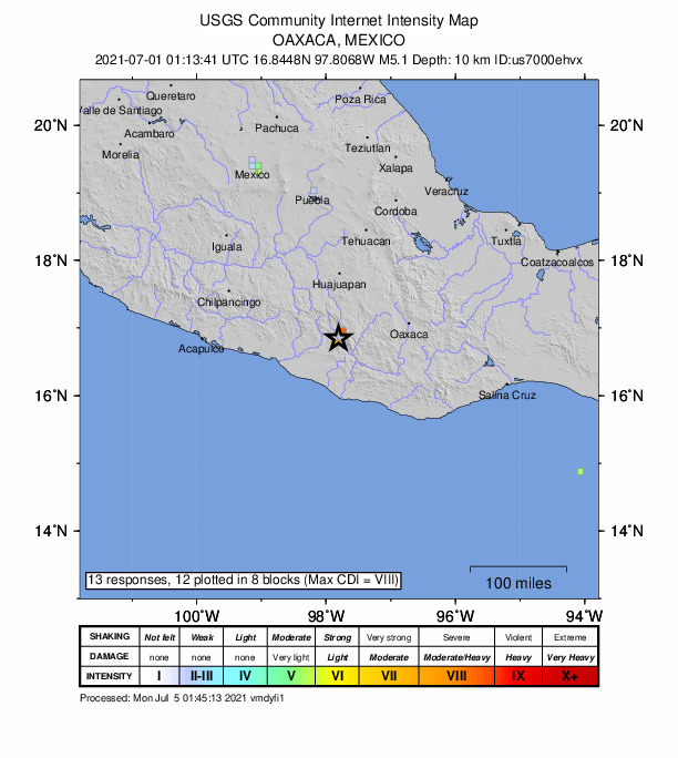 USGS DYFI community-reported intensity map for the M5.0 earthquake near 4 km NNE of San Pedro Atoyac, Mexico