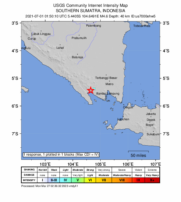 USGS DYFI community-reported intensity map for the M4.6 earthquake near 67 km W of Bandar Lampung, Indonesia