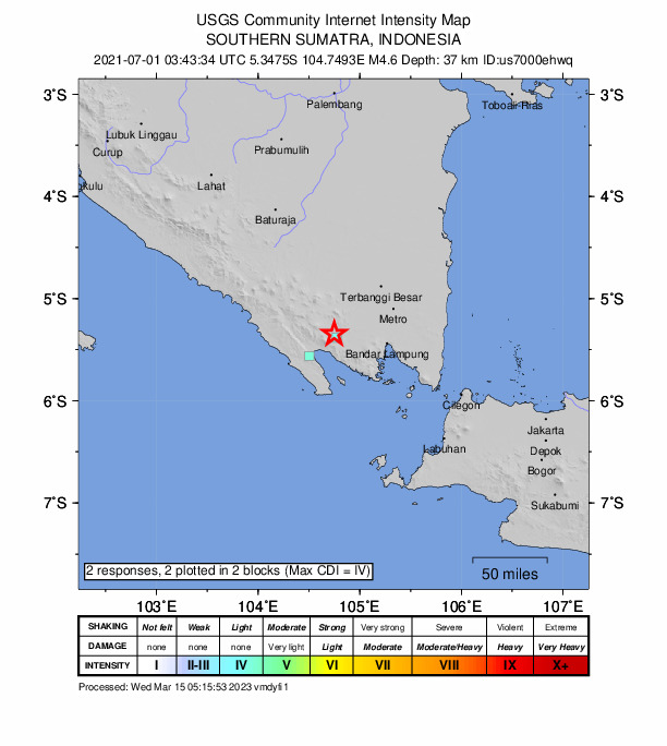 USGS DYFI community-reported intensity map for the M4.6 earthquake near 57 km W of Bandar Lampung, Indonesia