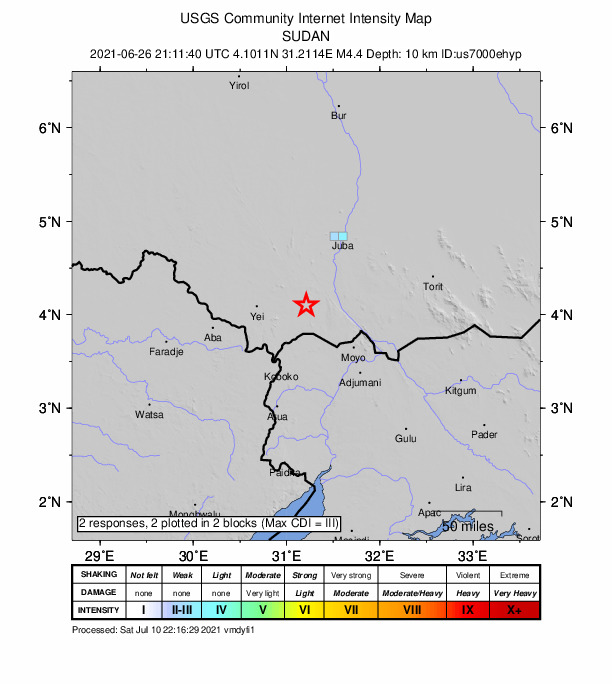 USGS DYFI community-reported intensity map for the M4.4 earthquake near 59 km E of Yei, South Sudan