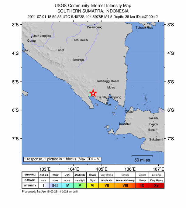 USGS DYFI community-reported intensity map for the M4.5 earthquake near 62 km W of Bandar Lampung, Indonesia