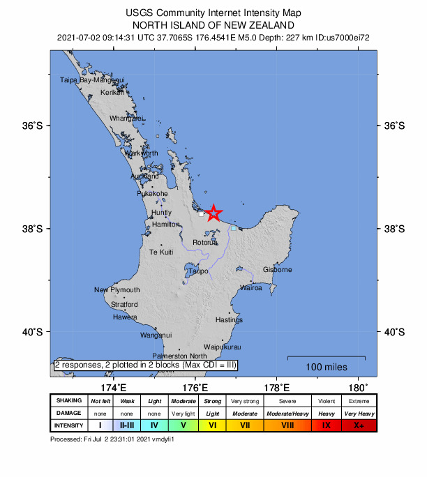 USGS DYFI community-reported intensity map for the M5.0 earthquake near 7 km N of Maketu, New Zealand