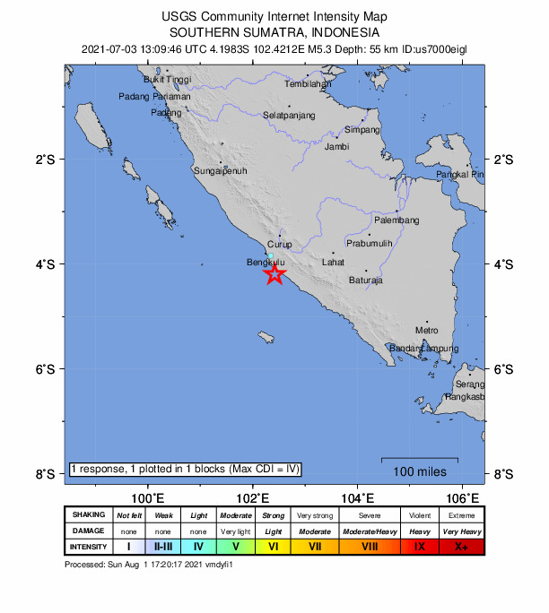 USGS DYFI community-reported intensity map for the M5.1 earthquake near 47 km SSE of Bengkulu, Indonesia