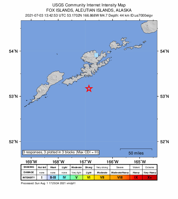 USGS DYFI community-reported intensity map for the M4.7 earthquake near 81 km SSW of Unalaska, Alaska
