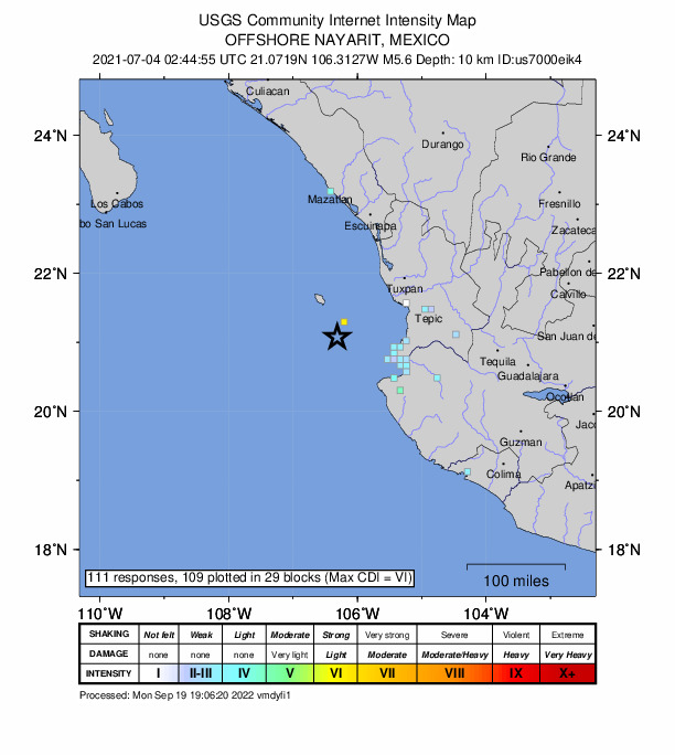 USGS DYFI community-reported intensity map for the M5.6 earthquake near 89 km WNW of Corral del Risco (Punta de Mita), Mexico