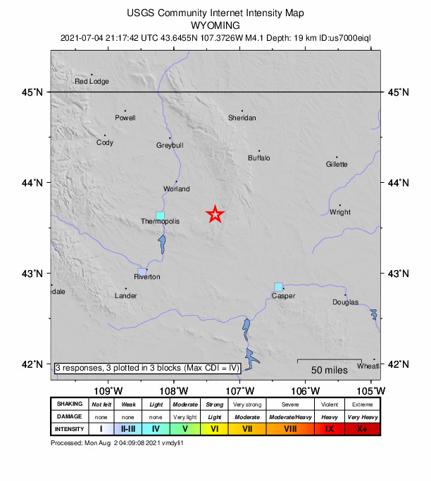 USGS DYFI community-reported intensity map for the M3.6 earthquake near 43 km S of Ten Sleep, Wyoming