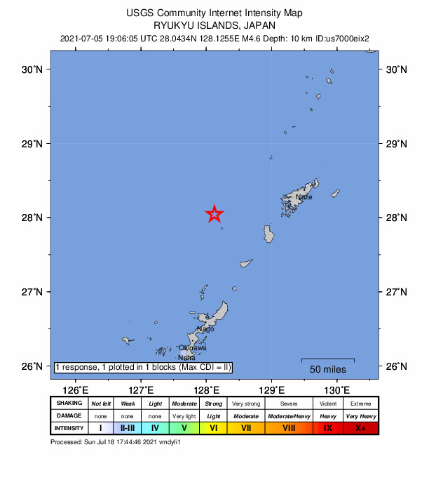 USGS DYFI community-reported intensity map for the M4.6 earthquake near 138 km WSW of Naze, Japan