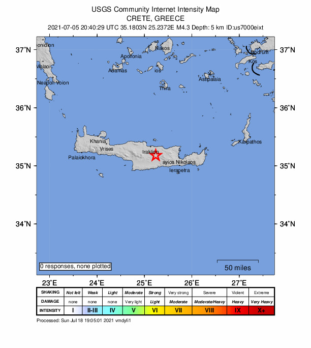USGS DYFI community-reported intensity map for the M4.3 earthquake near Crete, Greece