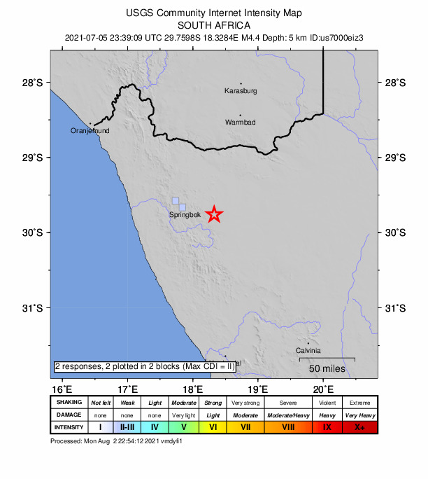 USGS DYFI community-reported intensity map for the M4.4 earthquake near 44 km ESE of Springbok, South Africa