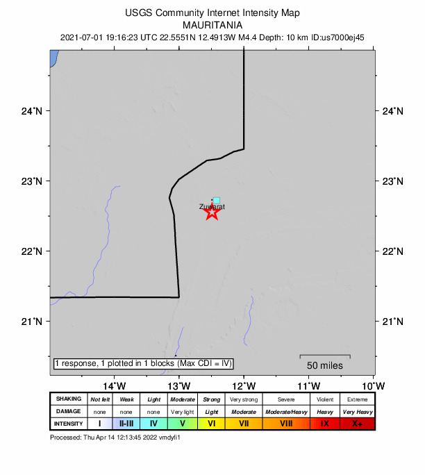 USGS DYFI community-reported intensity map for the M4.4 earthquake near 20 km S of Zouerate, Mauritania