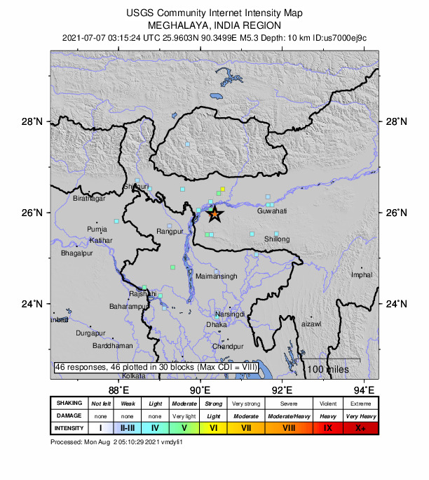 USGS DYFI community-reported intensity map for the M5.3 earthquake near 8 km SSE of Lakhipur, India