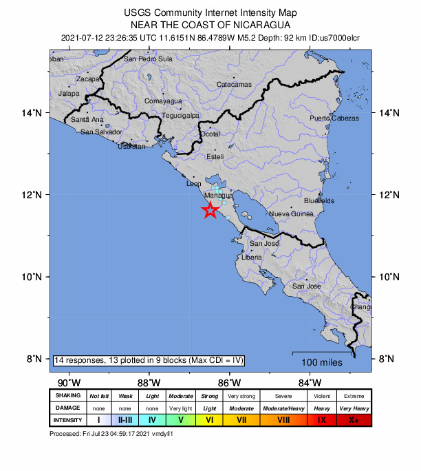 USGS DYFI community-reported intensity map for the M5.2 earthquake near 19 km SSE of Masachapa, Nicaragua