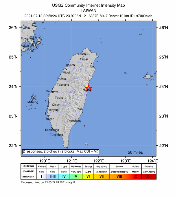 USGS DYFI community-reported intensity map for the M4.7 earthquake near 5 km SSE of Hualien City, Taiwan