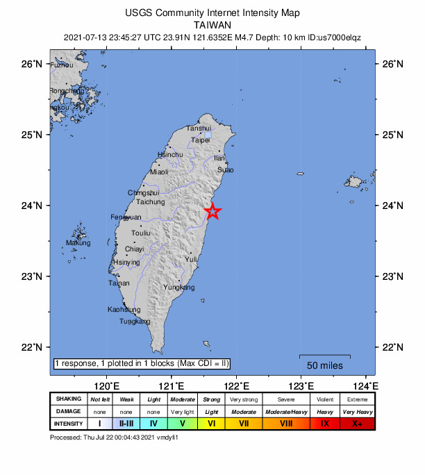 USGS DYFI community-reported intensity map for the M4.7 earthquake near 8 km SSE of Hualien City, Taiwan