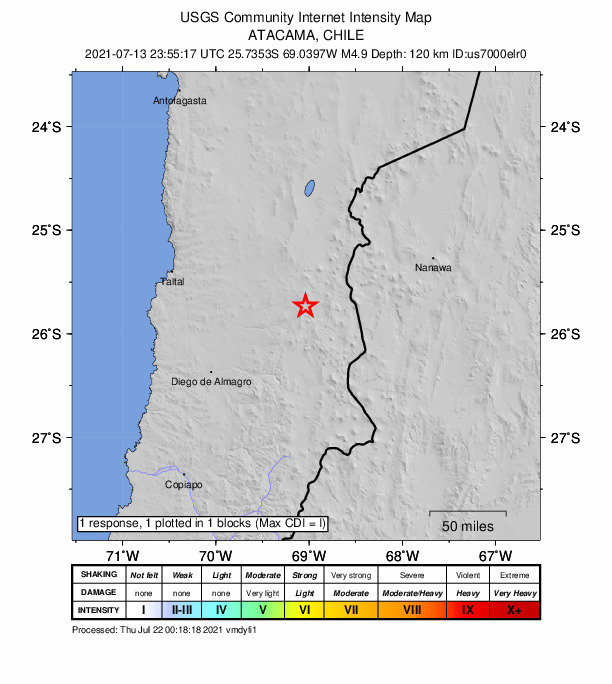 USGS DYFI community-reported intensity map for the M4.9 earthquake near 122 km NE of Diego de Almagro, Chile