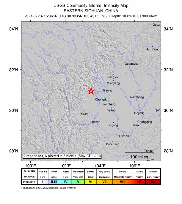 USGS DYFI community-reported intensity map for the M5.0 earthquake near 43 km W of Tianpeng, China