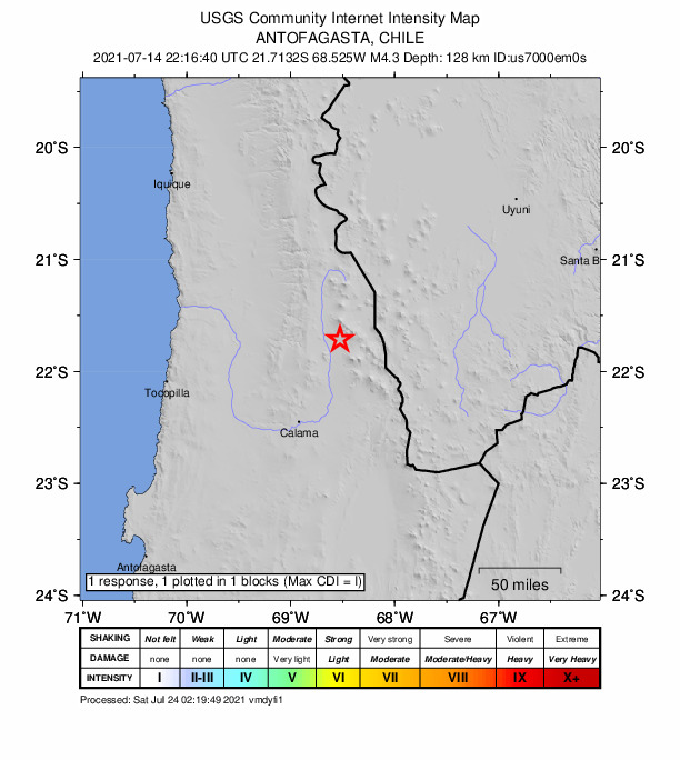 USGS DYFI community-reported intensity map for the M4.3 earthquake near 91 km NNE of Calama, Chile