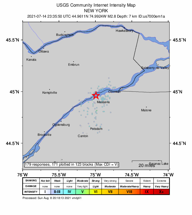 USGS DYFI community-reported intensity map for the M2.8 earthquake near 8 km WNW of Massena, New York