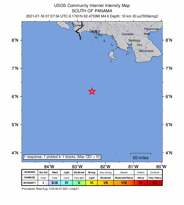 USGS DYFI community-reported intensity map for the M4.6 earthquake near 210 km SSE of Burica, Panama