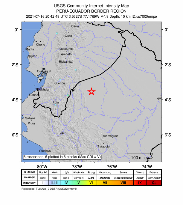 USGS DYFI community-reported intensity map for the M4.9 earthquake near 82 km W of Alianza Cristiana, Peru