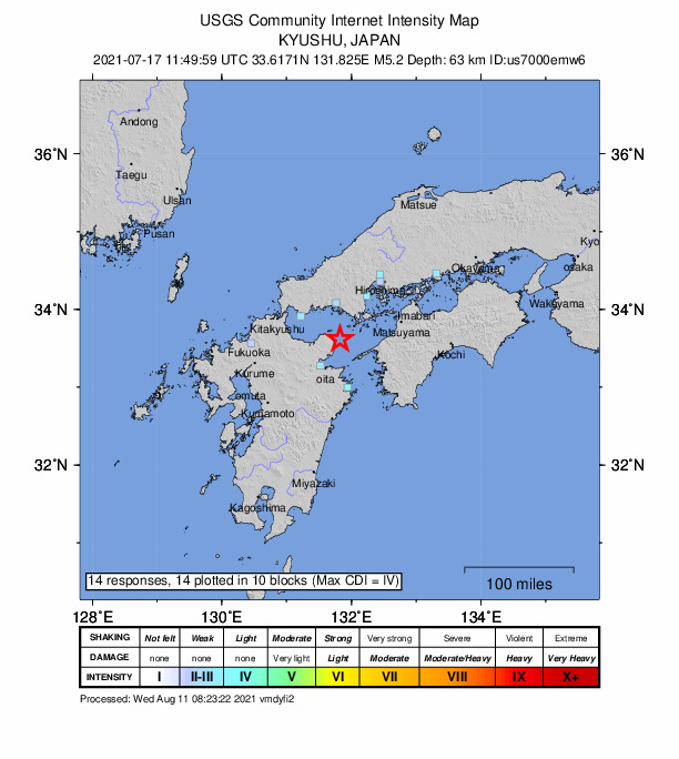 USGS DYFI community-reported intensity map for the M5.2 earthquake near 29 km NE of Kitsuki, Japan