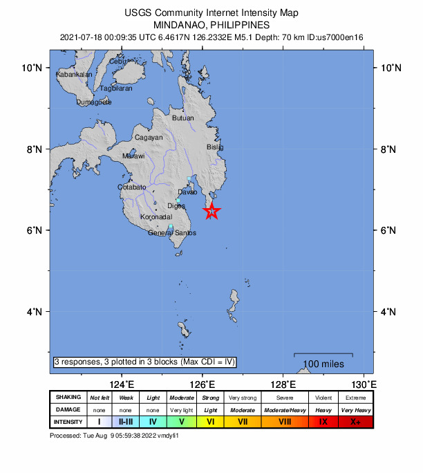 USGS DYFI community-reported intensity map for the M5.1 earthquake near 12 km E of Nangan, Philippines