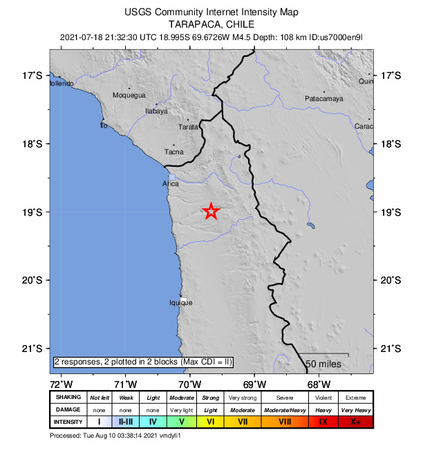 USGS DYFI community-reported intensity map for the M4.5 earthquake near 87 km SE of Arica, Chile