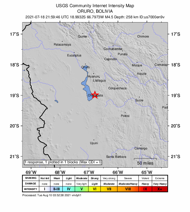USGS DYFI community-reported intensity map for the M4.5 earthquake near 10 km SSW of Challapata, Bolivia