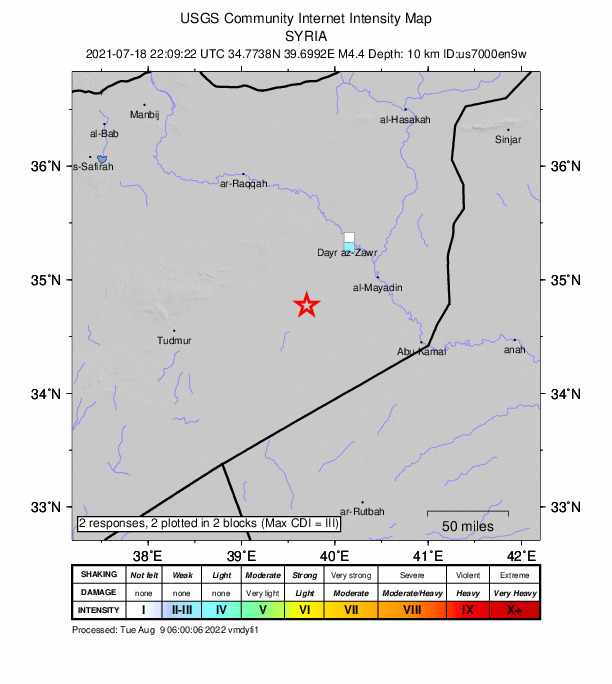 USGS DYFI community-reported intensity map for the M4.4 earthquake near 73 km WSW of Al May?d?n, Syria