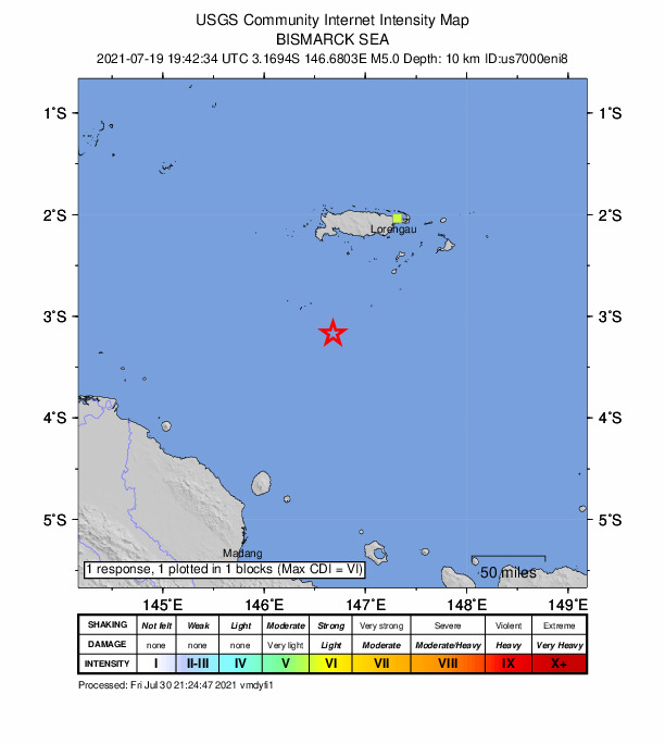 USGS DYFI community-reported intensity map for the M5.0 earthquake near 141 km SSW of Lorengau, Papua New Guinea