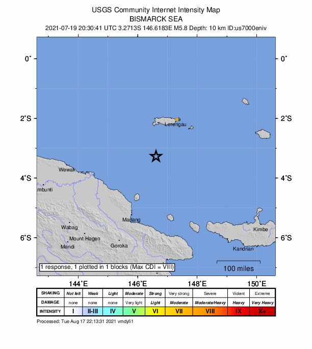 USGS DYFI community-reported intensity map for the M5.8 earthquake near 155 km SSW of Lorengau, Papua New Guinea