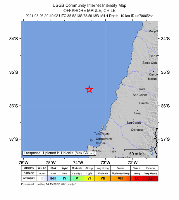 USGS DYFI community-reported intensity map for the M4.4 earthquake near 109 km W of Constitución, Chile