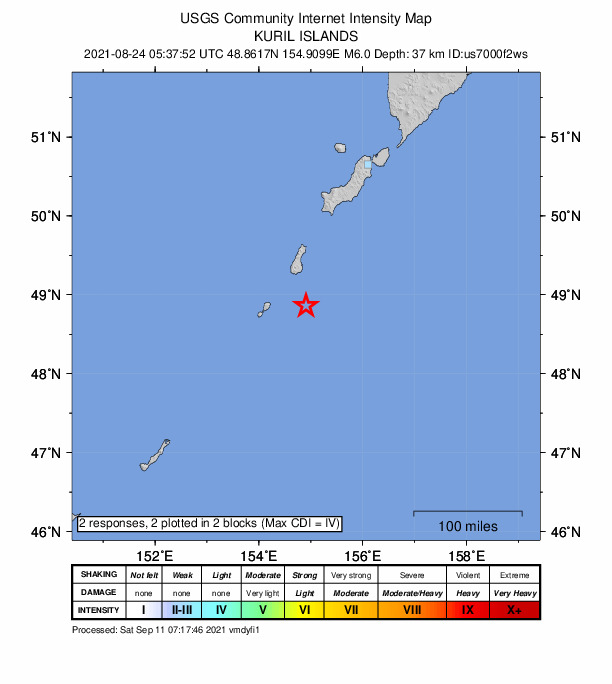 USGS DYFI community-reported intensity map for the M6.0 earthquake near 219 km SSW of Severo-Kuril’sk, Russia