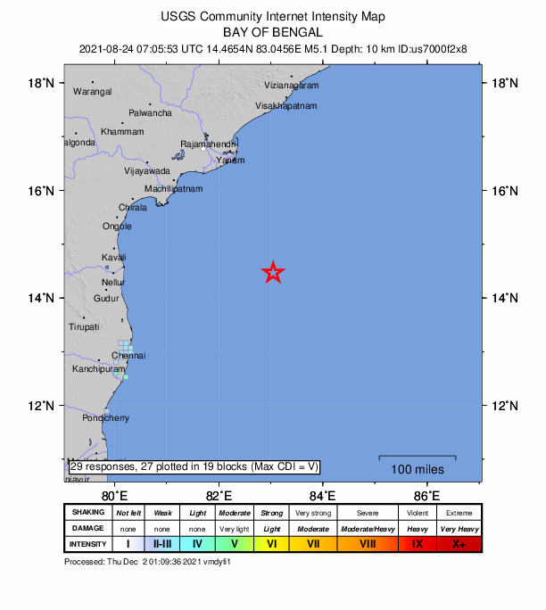 USGS DYFI community-reported intensity map for the M5.1 earthquake near 257 km SSE of R?zole, India