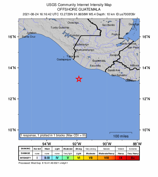 USGS DYFI community-reported intensity map for the M5.4 earthquake near 113 km S of Champerico, Guatemala