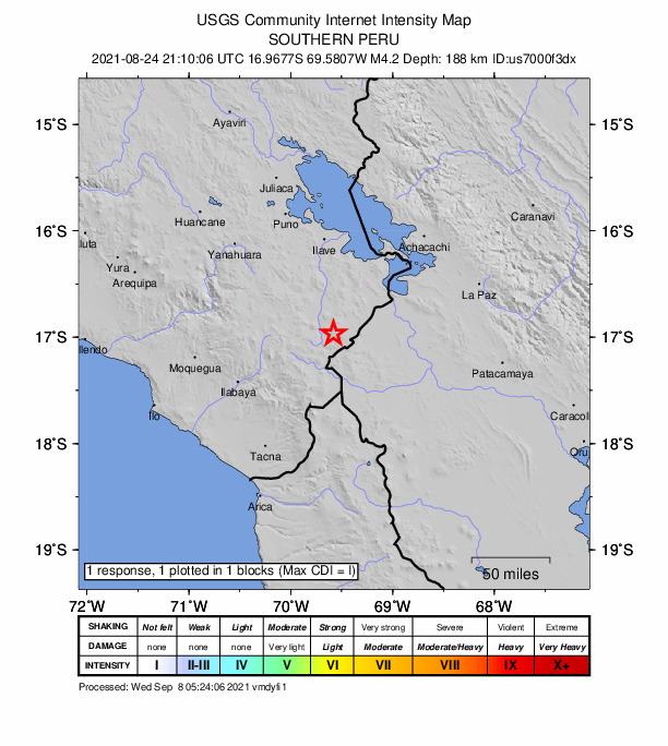 USGS DYFI community-reported intensity map for the M4.2 earthquake near 28 km SSE of Mazo Cruz, Peru