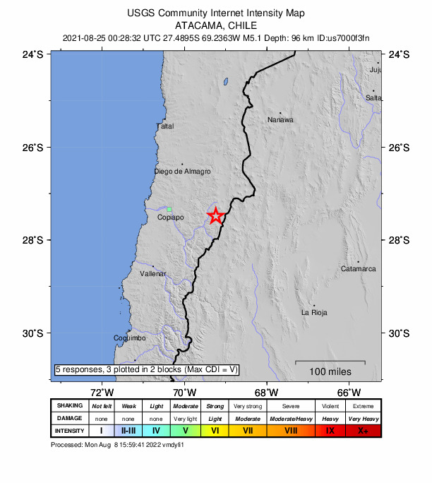 USGS DYFI community-reported intensity map for the M5.1 earthquake near 109 km E of Copiapó, Chile