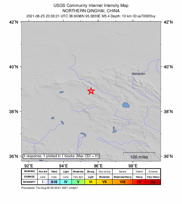 USGS DYFI community-reported intensity map for the M5.3 earthquake near 216 km WSW of Laojunmiao, China