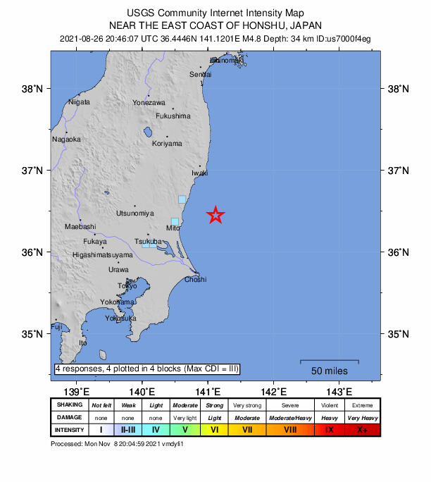 USGS DYFI community-reported intensity map for the M4.8 earthquake near 45 km ESE of Hitachi, Japan