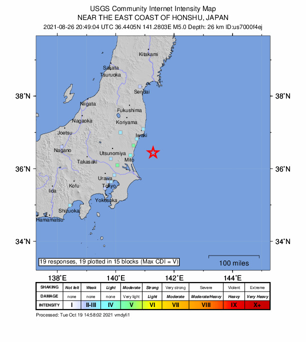USGS DYFI community-reported intensity map for the M5.0 earthquake near 59 km ESE of Takahagi, Japan