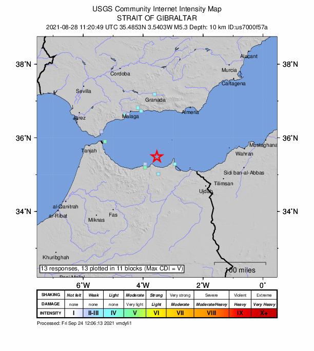 USGS DYFI community-reported intensity map for the M5.3 earthquake near 44 km NE of Al Hoceïma, Morocco