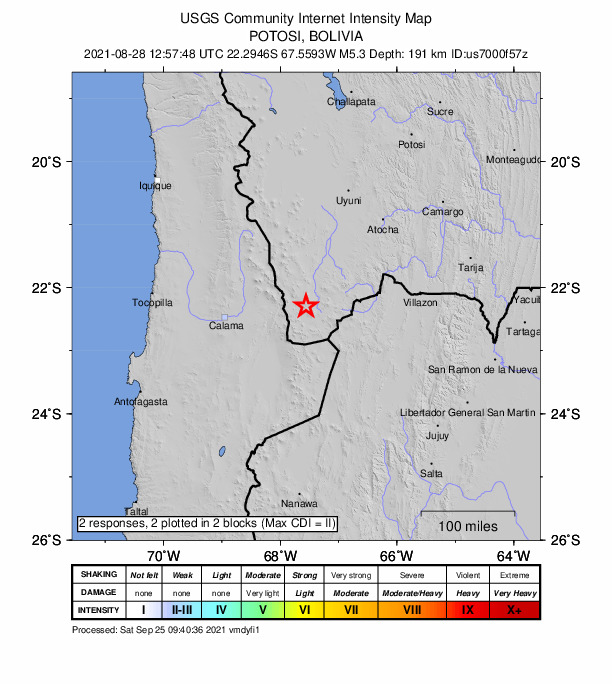 USGS DYFI community-reported intensity map for the M5.3 earthquake near 94 km NE of San Pedro de Atacama, Chile