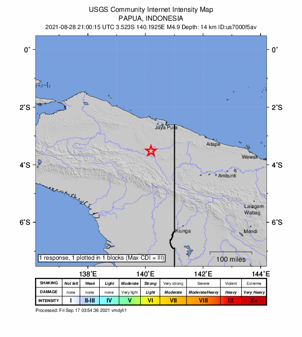 USGS DYFI community-reported intensity map for the M4.9 earthquake near 113 km SSW of Abepura, Indonesia