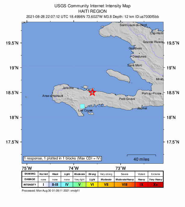USGS DYFI community-reported intensity map for the M3.8 earthquake near 4 km ENE of Baradères, Haiti