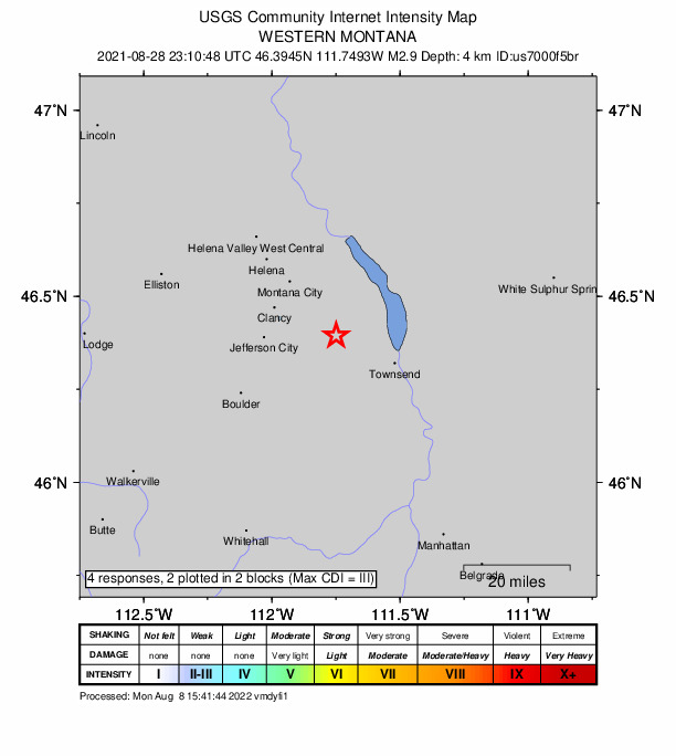 USGS DYFI community-reported intensity map for the M2.9 earthquake near 11 km SW of Winston, Montana