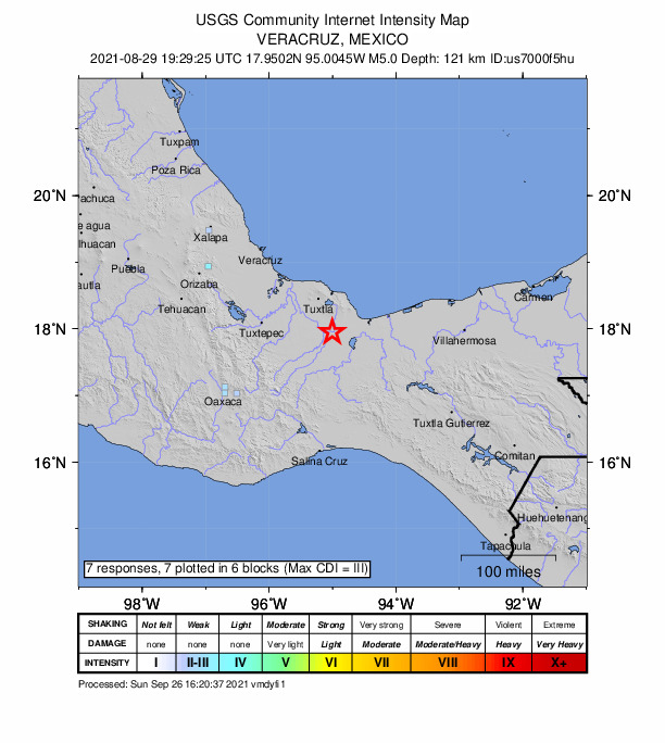 USGS DYFI community-reported intensity map for the M5.0 earthquake near 1 km NNW of Dehesa, Mexico