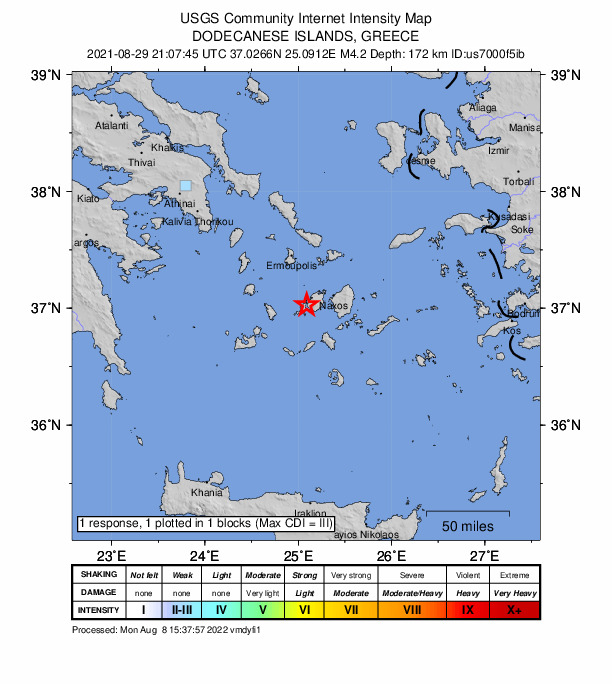 USGS DYFI community-reported intensity map for the M4.2 earthquake near 8 km SW of Páros, Greece