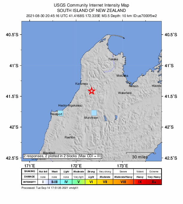USGS DYFI community-reported intensity map for the M3.5 earthquake near 59 km W of Wakefield, New Zealand